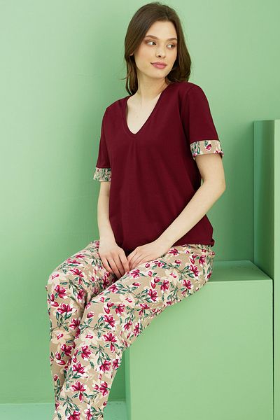 Siyah İnci Dark Burgundy Pattern V-Neck Knitted Cotton Pajamas Suit 25113249