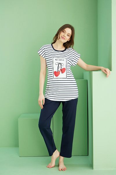 Siyah İnci Navy Blue and White Stripe Pattern Crew Neck Knitted Cotton Pajamas Suit25113241