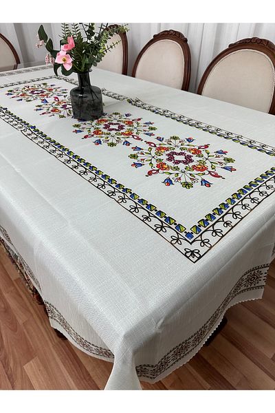 Madame Clean Home Τραπεζομάντηλο πολυτελείας λινό εμπριμέ 160x220 Χακί Floral