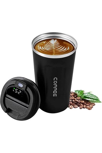 COOYA كوب سفر، 500 مل، ذكي من الفولاذ المقاوم للصدأ معزول بالفراغ، مع شاشة عرض درجة الحرارة وغطاء (أسود)