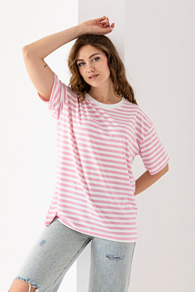 EtkiModa Women's Pink White Striped Oversize Short Sleeve Viscose Combed Cotton Blouse