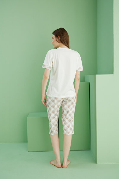 Siyah İnci ekru desenli Bisiklet Yaka Örme Pamuklu Kapri Takım25112202