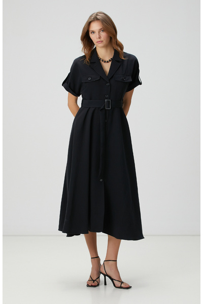 Network Siyah Diyagonal Desenli Midi Elbise