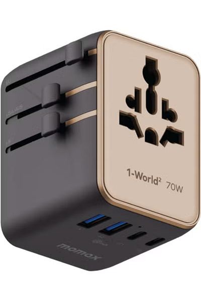 Momax 1-World2 70W GaN 5 Ports + Multi Plug Adapter Multi Volt 100-250V USB-C USB-A Desert Titanium