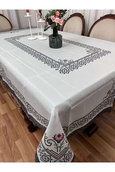 Madame Clean Home Luxury Stain-Resistant Printed Table Cloth 160X220 Gray-Claret Red