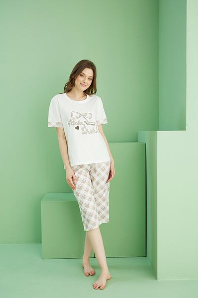 Siyah İnci Ecru Patterned Crew Neck Knitted Cotton Capri Suit 25112202