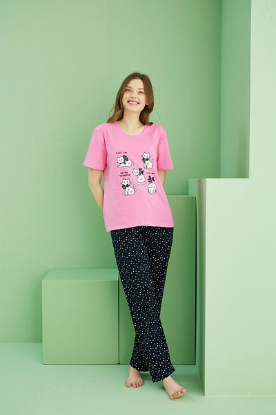 Siyah İnci Σετ πλεκτές πιτζάμες με ροζ σχέδιο Cotton Crew Neck 25117061