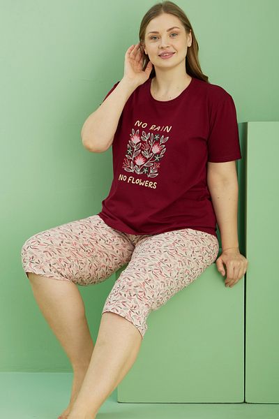 Siyah İnci Costum Capri oversize din bumbac cu imprimeu visiniu închis Curve Plus Size 25112783