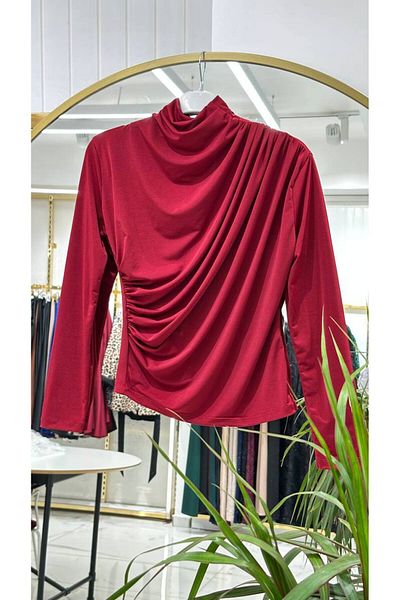 QUAWEAR Women's Gather Detailed Stand Collar Sandy Fabric Blouse