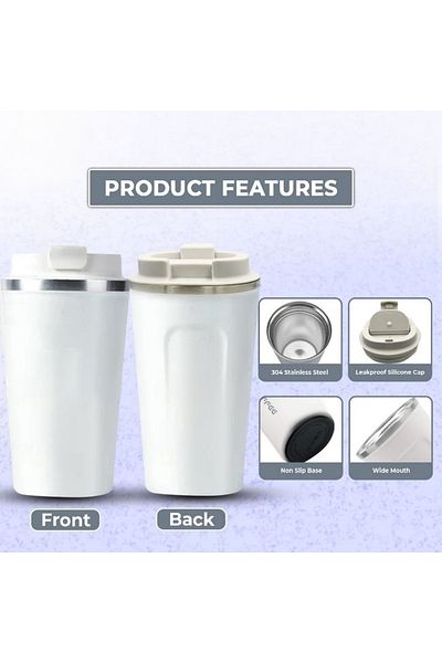 COOYA 380ml Stainless Steel Travel Coffee Cup with Great Insulation, Leak-proof and Portable Cup(White)