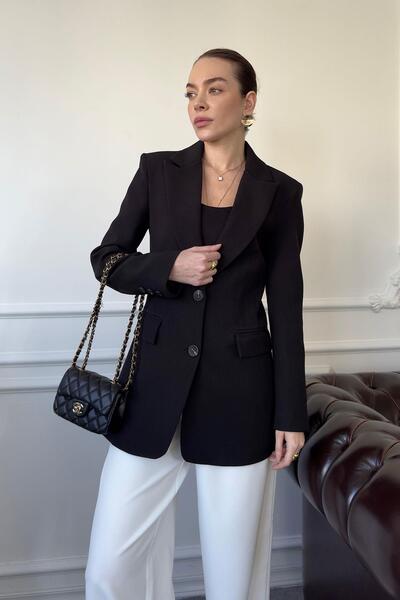 Telablanka Nevür Detay Belden Oturtmalı Premium Blazer Ceket- SİYAH