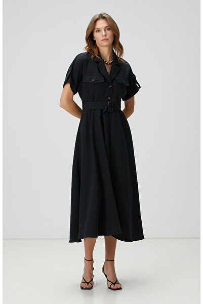 Network Siyah Diyagonal Desenli Midi Elbise