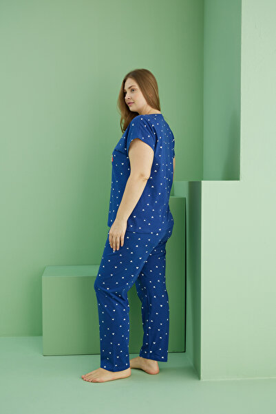 Siyah İnci lacivert desenli Curve Büyük Beden Battal Boy Pamuklu Pijama Takım25113749