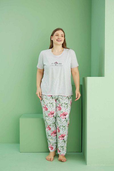 Siyah İnci Gray Melange Patterned Curve Large Size Oversize Cotton Pajama Set 25113807