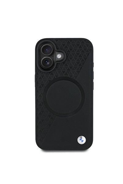 BMW iPhone 16 Kılıf Uyumlu BMW Lisanslı Magsafe Uyumlu Metal Logolu Yarım Dokulu Circle Deri Kapak Siyah
