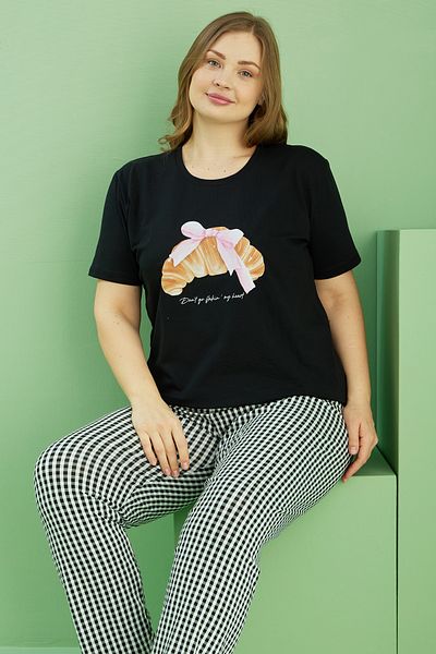 Siyah İnci Black Patterned Curve Plus Size Oversize Cotton Pajama Set 25113789