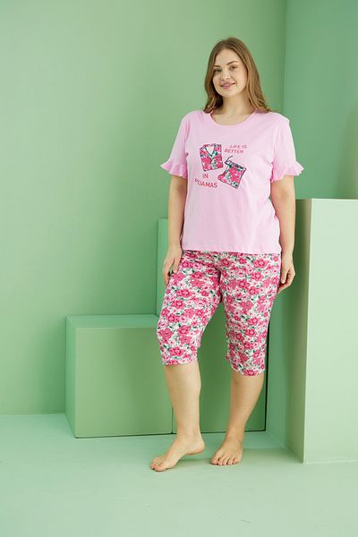 Siyah İnci Pink Patterned Curve Plus Size Oversize Cotton Capri Suit 25112722