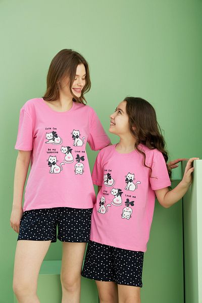 Siyah İnci Pink Patterned Cotton Crew Neck Knitted Shorts Set 25115020
