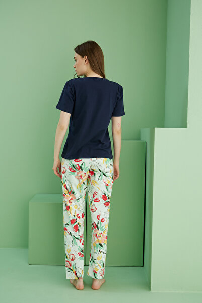 Siyah İnci lacivert desenli Bisiklet Yaka Örme Pamuklu Pijama Takım25113261