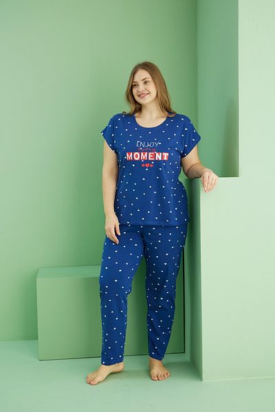 Siyah İnci Navy Blue Patterned Curve Plus Size Oversize Cotton Pajama Set 25113749