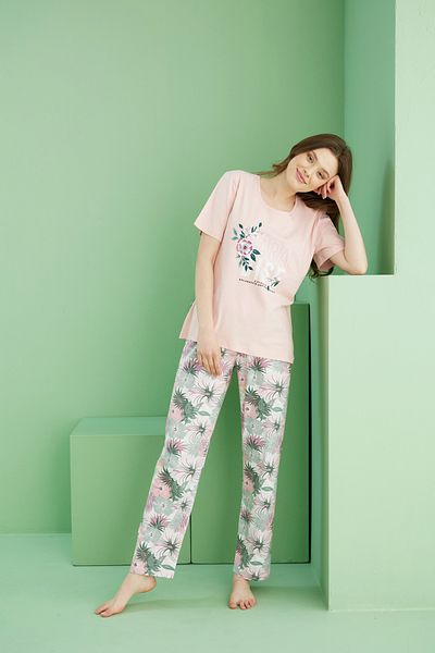 Siyah İnci Salmon Pattern Crew Neck Knitted Cotton Pajama Set 25113257