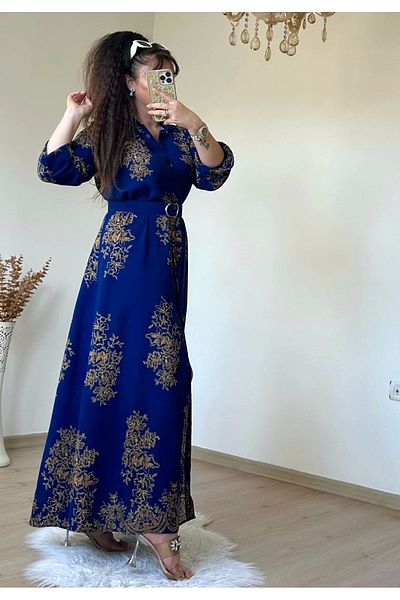 AZRA BUTİK Φόρεμα πουκάμισο με αυθεντικό μπλε σχέδιο