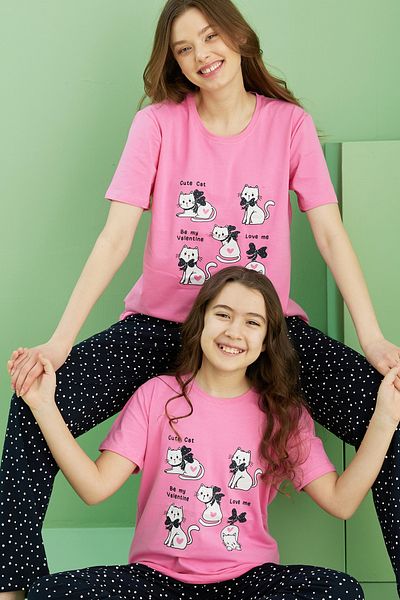 Siyah İnci Σετ πλεκτές πιτζάμες με ροζ σχέδιο Cotton Crew Neck 25117061