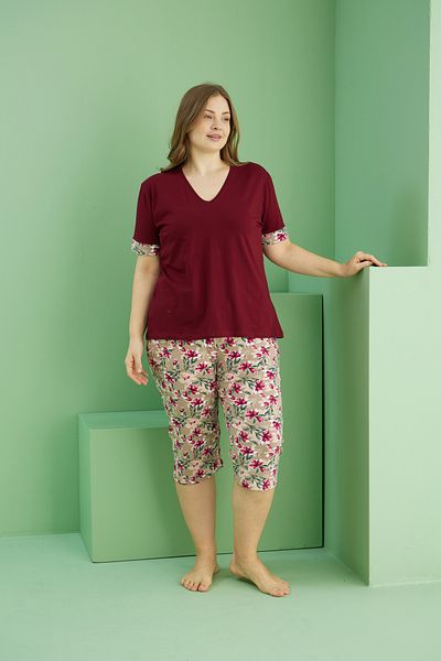 Siyah İnci Costum Capri oversize din bumbac cu imprimeu burgundy Curve Plus Size 25112731