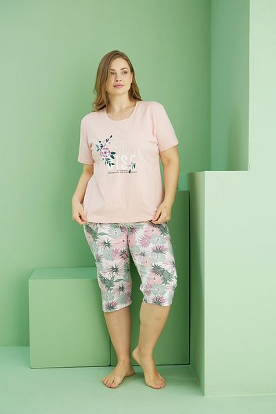 Siyah İnci Salmon Patterned Curve Large Size Oversize Cotton Capri Suit 25112765