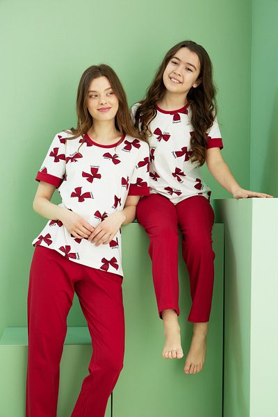 Siyah İnci Ecru Patterned Cotton Crew Neck Knitted Pajama Set 25117076