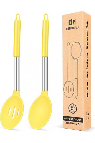 Bundlepro Set of 2 Cooking Spoons, Stainless Steel/Silicone, Silver/Yellow, 7 X 34 Cm