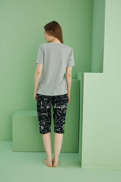 Siyah İnci Grey Melange Patterned Crew Neck Knitted Capri Suit 25112181