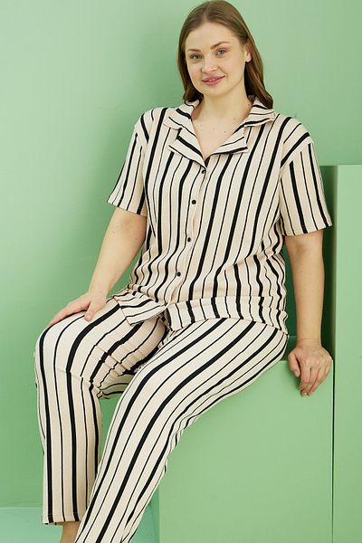 Siyah İnci Black Stripe Patterned Bürümcük Krınkıl Fabric Curve Large Size Oversize Buttoned Pajama Set 25118719