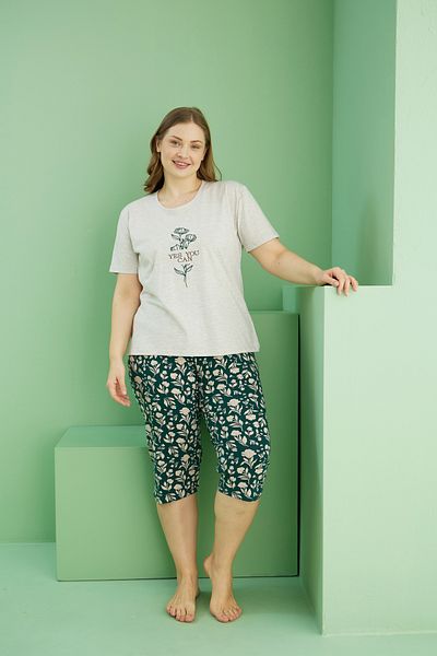 Siyah İnci Μπεζ μοτίβο Curve Plus Size Oversize Βαμβακερό Κάπρι Σετ 25112738
