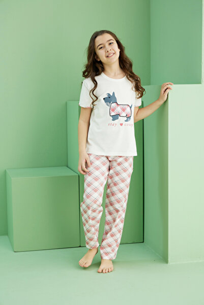 Siyah İnci Ecru Patterned Cotton Crew Neck Knitted Pajama Set 25117086