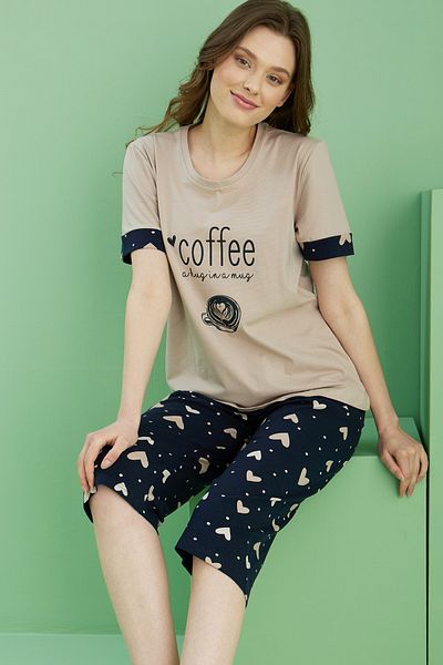Siyah İnci Mink Patterned Crew Neck Knitted Cotton Capri Suit 25112186