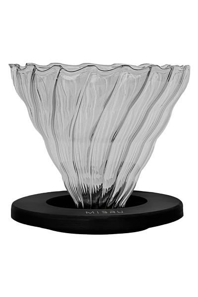 MIBRU Glass Coffee Dripper V60 Size 02 – Smoky Black Pour-Over Maker with Wooden Ring