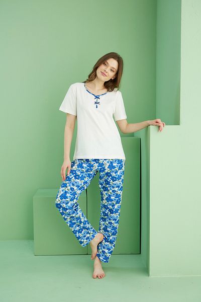 Siyah İnci Ecru Patterned V-Neck Knitted Cotton Pajama Set 25113279