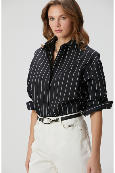 Network Siyah Beyaz Çizgili Keten Karışımlı Gömlek