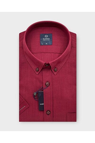 KAMER ERKEK REGULAR FIT KISA KOL %100 PAMUK DÜĞMELİ YAKA TEK CEPLİ DÜZ BORDO GÖMLEK 9410R