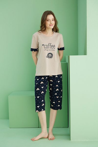 Siyah İnci Mink Patterned Crew Neck Knitted Cotton Capri Suit 25112186