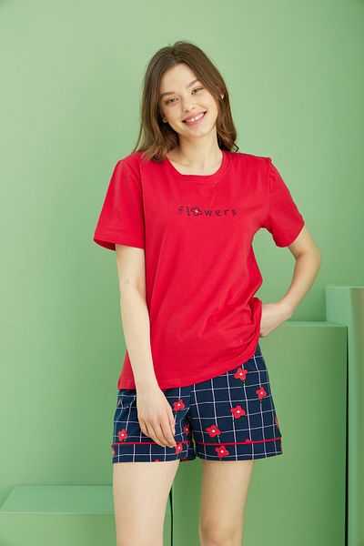 Siyah İnci Red Patterned Cotton Crew Neck Knitted Shorts Suit 25115028