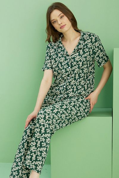 Siyah İnci Green Patterned Bürümcük Crinkle Fabric Knitted Buttoned Pajama Set 25118563