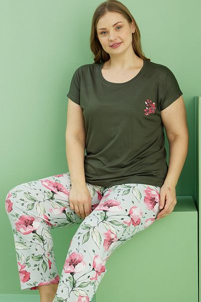 Siyah İnci Green Patterned Curve Plus Size Oversize Cotton Pajama Suit 25113763
