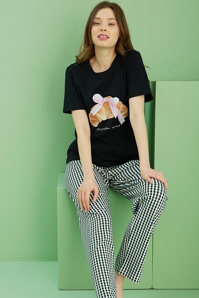 Siyah İnci Black Patterned Crew Neck Knitted Cotton Pajama Set 25113254