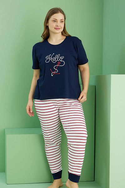 Siyah İnci Navy Blue Patterned Curve Plus Size Oversize Cotton Pajama Set 25113815