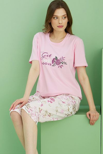 Siyah İnci Costum Capri din bumbac tricotat cu decolteu rotund cu imprimeu roz25112220