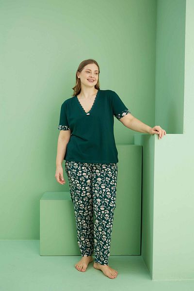 Siyah İnci Green Patterned Curve Plus Size Oversize Cotton Pajama Suit 25113806