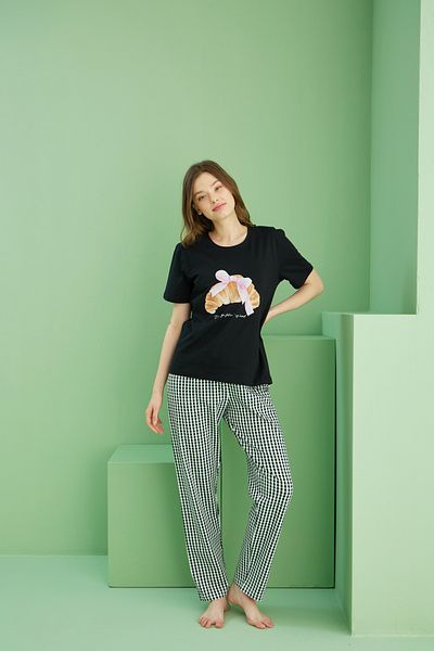 Siyah İnci Black Patterned Crew Neck Knitted Cotton Pajama Set 25113254