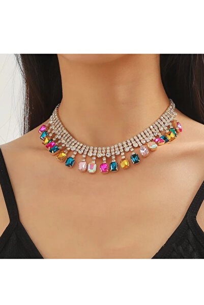 TAKİŞKO Complete Colorful Zircon Stone Baguette Steel Necklace Imported